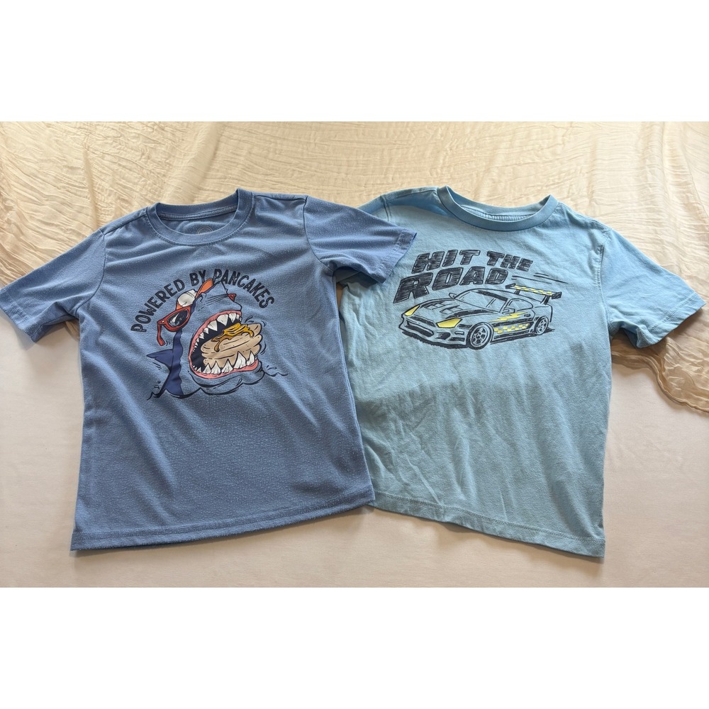 Shark Funny/Racecar Glow In The Dark Blue Short Sleeve Tees Sz 6 Lot of 2